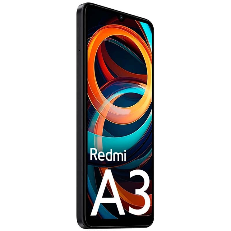 Smartphone Xiaomi Redmi A3 preto, ecrã colorido com o logótipo Redmi A3.