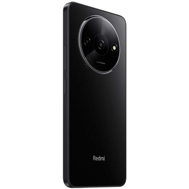 Smartphone Xiaomi Redmi A3 preto, 6.71 polegadas, câmara dupla e marca Redmi na parte inferior.