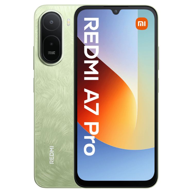 Smartphone Xiaomi Redmi A7 Pro verde, com câmara dupla e ecrã colorido.