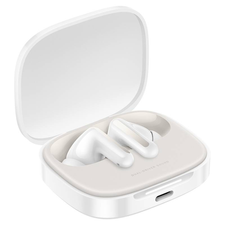 Auriculares Bluetooth Xiaomi Redmi Buds 6 branco, em estojo de carregamento branco aberto.