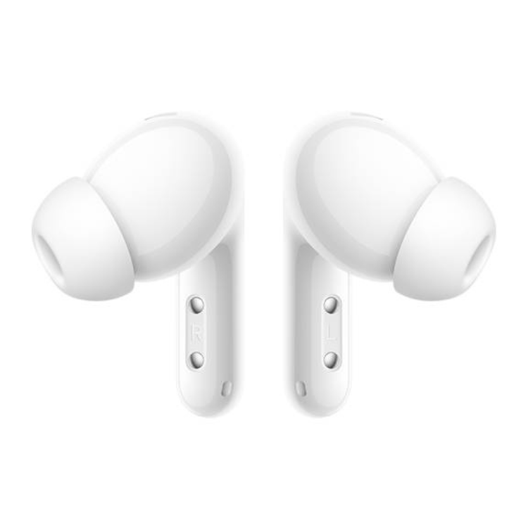 Auriculares Bluetooth Xiaomi Redmi Buds 6, brancos, sem fio, com dois botões de controlo cada.