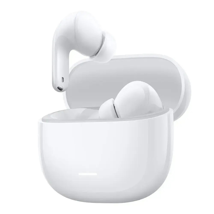 Auriculares Bluetooth Xiaomi Redmi Buds 8 Lite brancos, um fora da caixa e outro dentro.