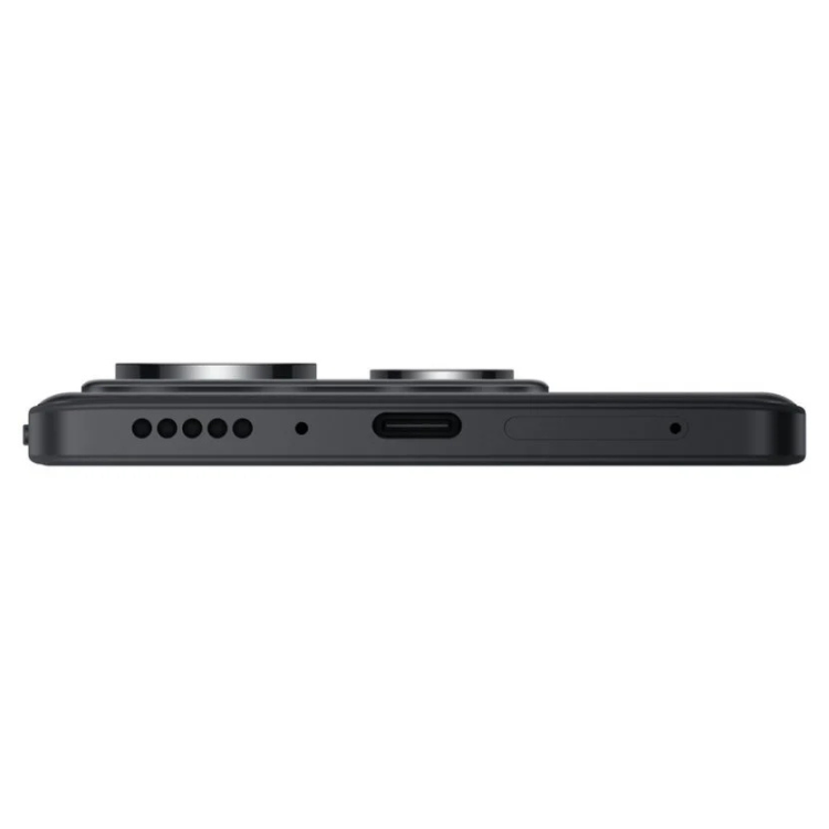 Xiaomi Redmi Note 14 5G preto, vista lateral com câmaras, USB-C e altifalantes.