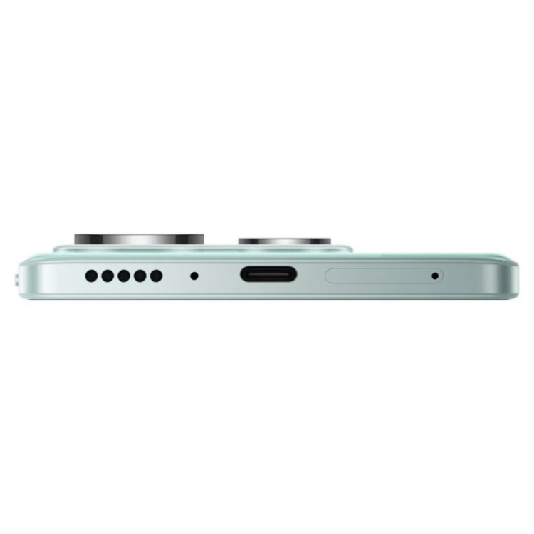 Xiaomi Redmi Note 14 5G, verde, 8GB/256GB, vista lateral com câmaras, USB e altifalantes.