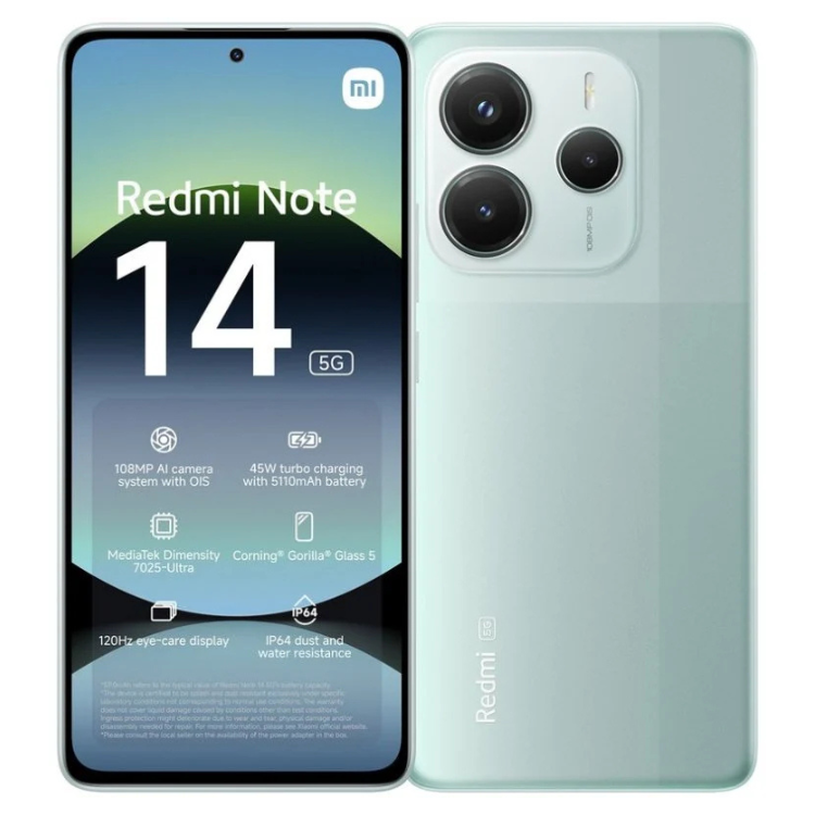 Xiaomi Redmi Note 14 5G, 8GB/256GB, verde, ecrã 120Hz, câmaras 108MP, bateria 5110mAh.