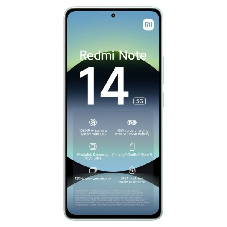Xiaomi Redmi Note 14 5G, 8GB/256GB, verde, ecrã 120Hz, câmaras 108MP, bateria 5110mAh.