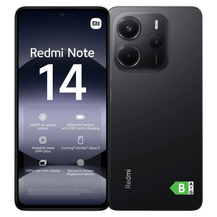 Smartphone Xiaomi Redmi Note 14 preto, 6GB/128GB, câmara tripla e ecrã de alta definição.