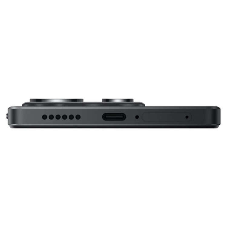Xiaomi Redmi Note 14 preto, vista lateral com câmaras e entradas USB-C e altifalantes.