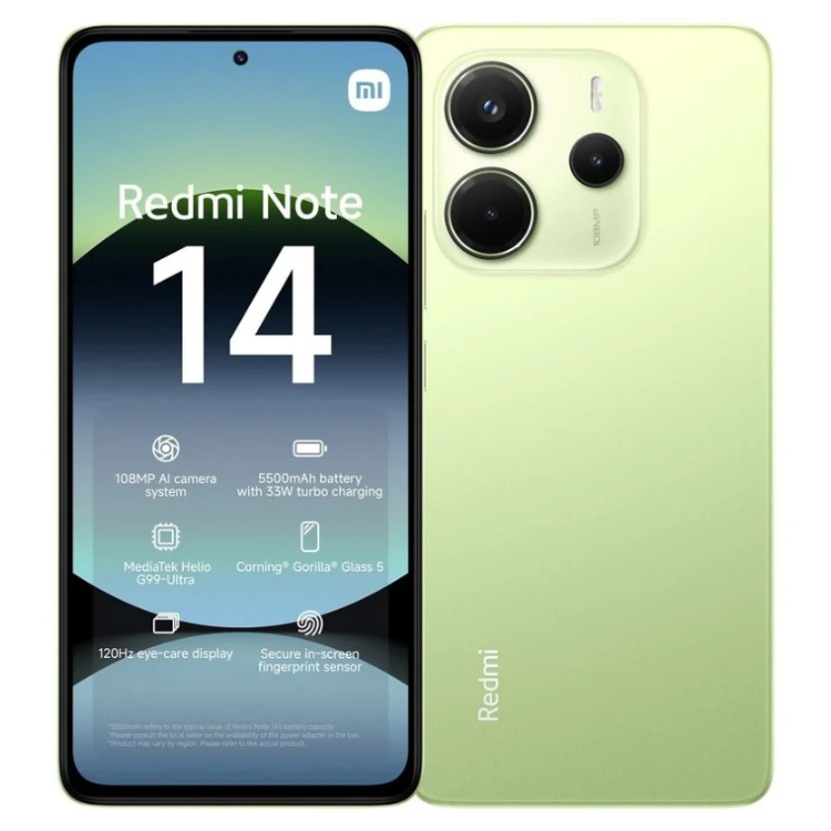Smartphone Xiaomi Redmi Note 14 verde, 8GB/256GB, câmara tripla e ecrã de alta definição.