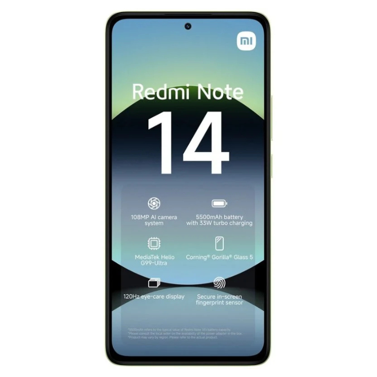 Smartphone Xiaomi Redmi Note 14 verde, ecrã com características técnicas, câmara de 108MP, bateria de 5500mAh.