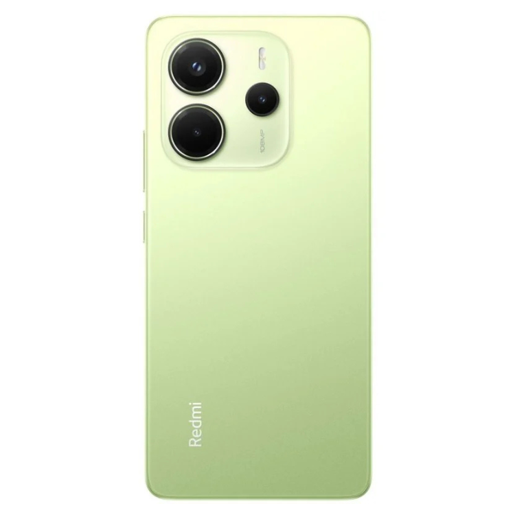 Smartphone Xiaomi Redmi Note 14 verde, 8GB/256GB, câmara tripla, marca Redmi na parte inferior.