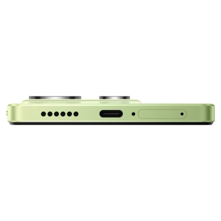 Smartphone Xiaomi Redmi Note 14 verde, vista lateral com câmaras, altifalantes e entradas USB e cartão SD.