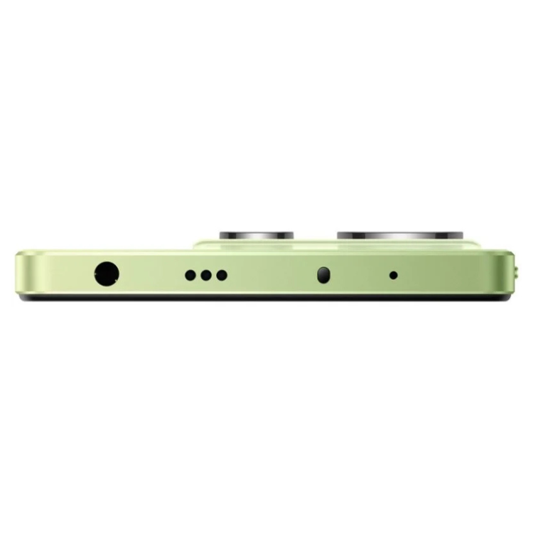 Smartphone Xiaomi Redmi Note 14 verde, vista lateral, com câmaras e entradas.