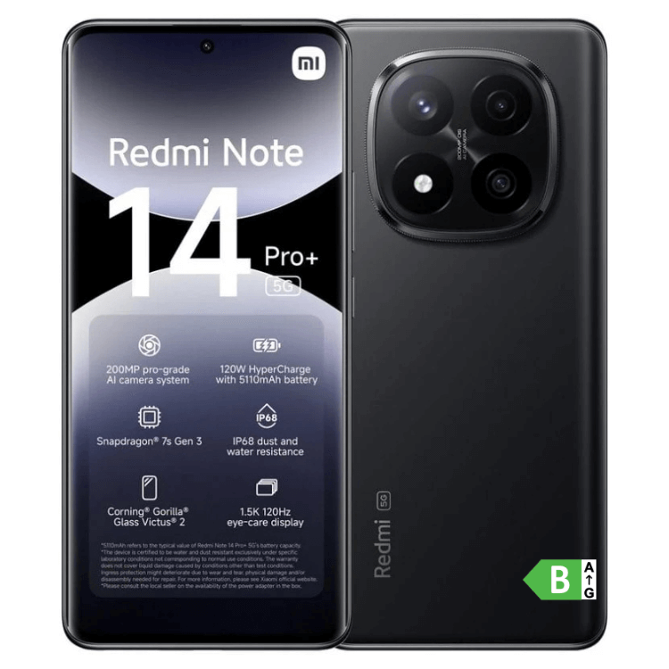Smartphone Xiaomi Redmi Note 14 Pro+ 5G preto, 12GB/512GB, câmara tripla e ecrã 1.5K.