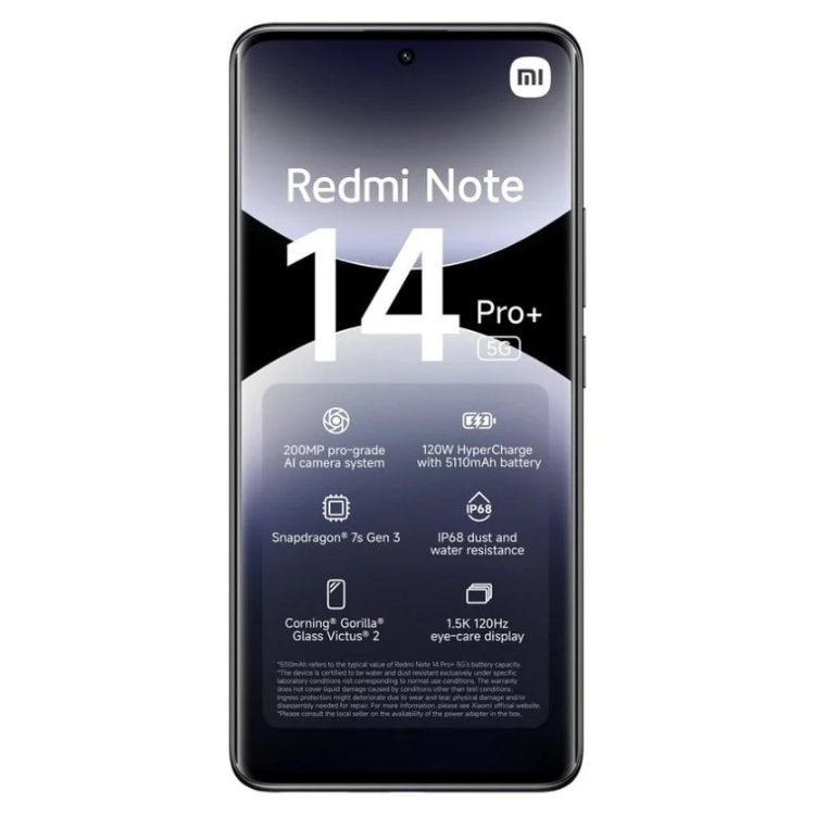 Smartphone Xiaomi Redmi Note 14 Pro+ 5G preto, com ecrã e detalhes técnicos visíveis.