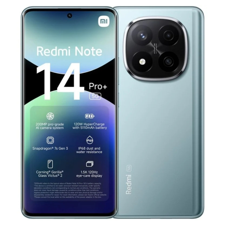 Smartphone Xiaomi Redmi Note 14 Pro+ 5G, azul, 12GB/512GB, câmara tripla e ecrã 1.5K.