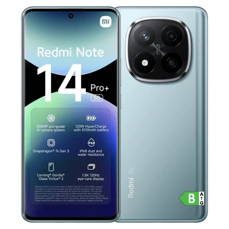 Xiaomi Redmi Note 14 Pro+ 5G, azul, smartphone com ecrã e câmara tripla.