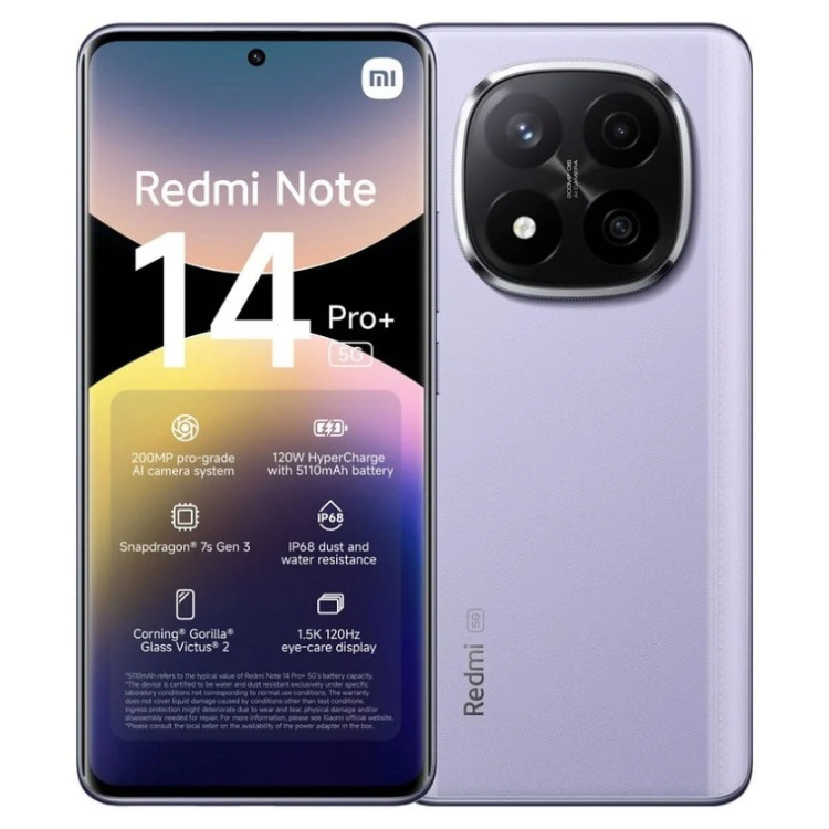 Smartphone Xiaomi Redmi Note 14 Pro+ 5G roxo, 12GB/512GB, câmara tripla e ecrã 1.5K.