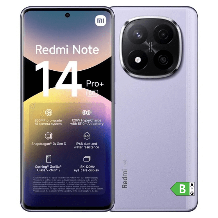 Smartphone Xiaomi Redmi Note 14 Pro+ 5G roxo, 8GB/256GB, câmara tripla e ecrã 1.5K.
