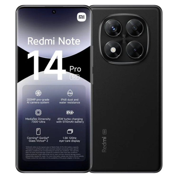 Smartphone Xiaomi Redmi Note 14 Pro 5G preto, com câmara tripla e ecrã 1.5K.