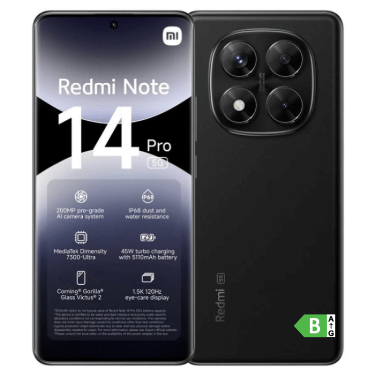 Smartphone Xiaomi Redmi Note 14 Pro 5G preto,  câmara tripla e ecrã com destaques das especificações.