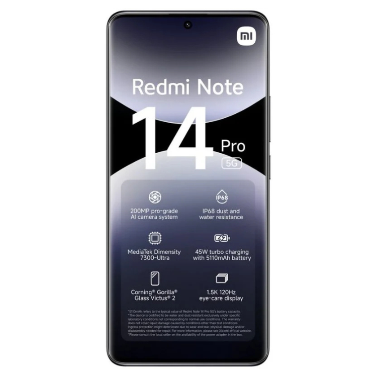 Smartphone Xiaomi Redmi Note 14 Pro 5G preto, com ecrã e detalhes técnicos visíveis.