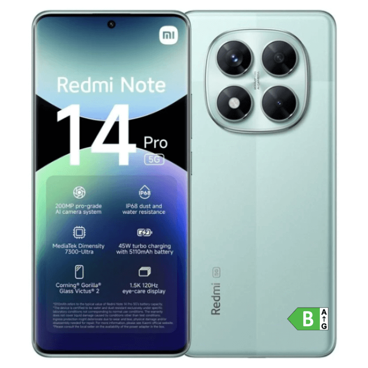 Smartphone Xiaomi Redmi Note 14 Pro 5G, verde, 8GB/256GB, câmara quádrupla.
