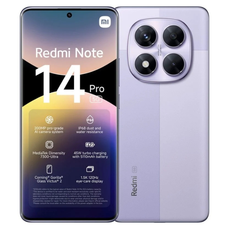 Smartphone Xiaomi Redmi Note 14 Pro 5G, roxo, 8GB/256GB, câmara quádrupla.
