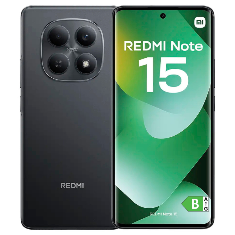 Smartphone Xiaomi Redmi Note 15 preto, 8GB/256GB, Dual Sim, com ecrã verde e câmeras quádruplas.