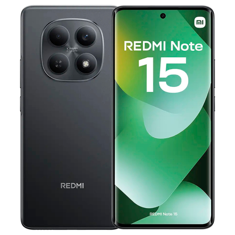 Smartphone Xiaomi Redmi Note 15 preto, 8GB/256GB, Dual Sim, com ecrã verde e quatro câmeras traseiras.