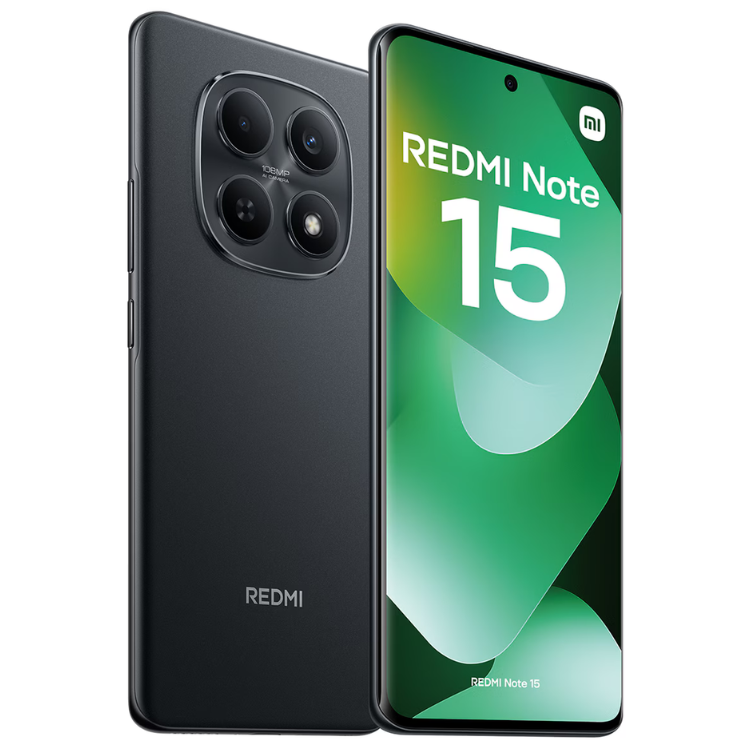 Smartphone Xiaomi Redmi Note 15 preto, com câmaras triplas e ecrã verde com o número 15.