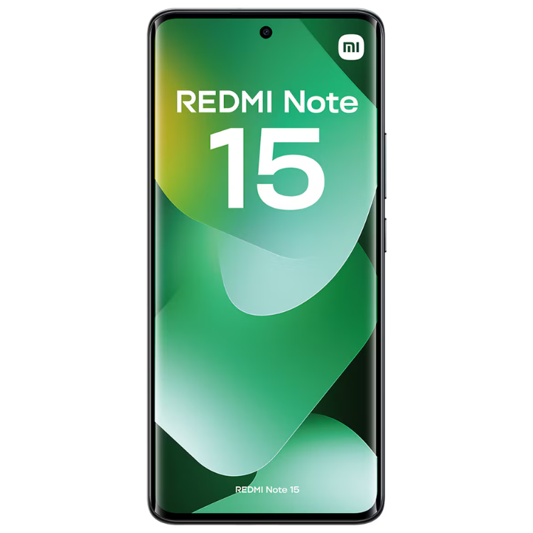 Xiaomi Redmi Note 15, smartphone verde com ecrã e logótipo Mi.