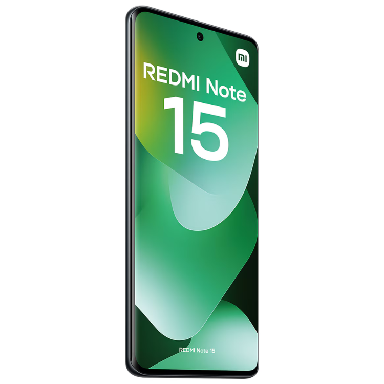 Smartphone Xiaomi Redmi Note 15 verde com ecrã AMOLED e logotipo Mi.