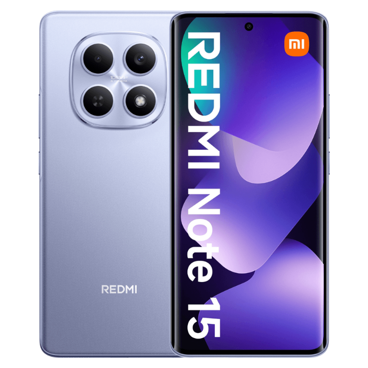 Smartphone Xiaomi Redmi Note 15 roxo com quatro câmeras e ecrã com logótipo Redmi e Mi.