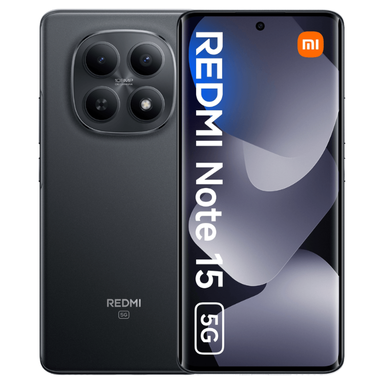 Smartphone Xiaomi Redmi Note 15 5G preto, 8GB/256GB, câmara tripla e ecrã HD.