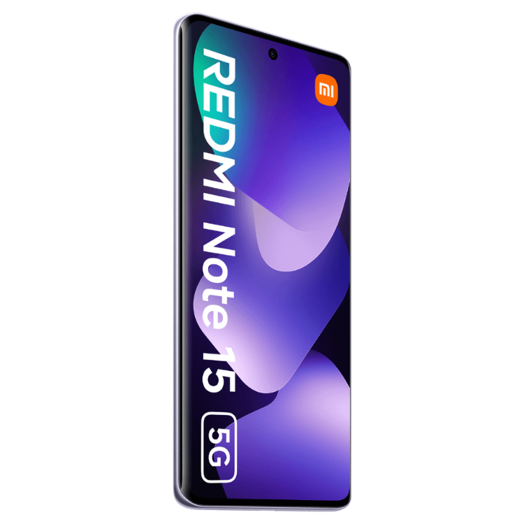 Xiaomi Redmi Note 15 5G, smartphone roxo com ecrã OLED e 12GB/512GB de memória.