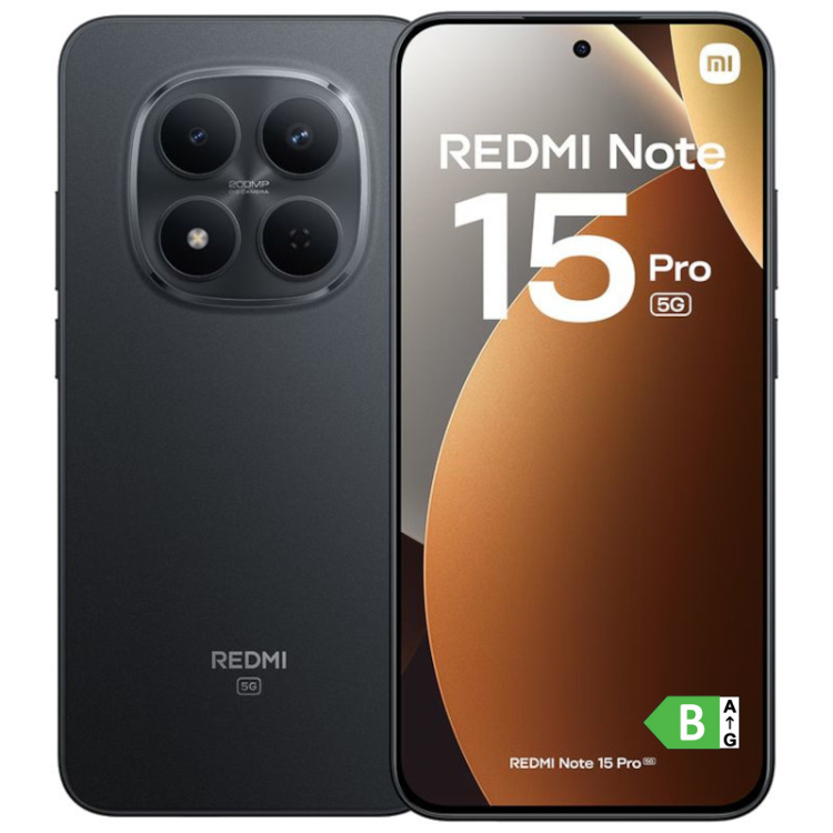 Smartphone Xiaomi Redmi Note 15 Pro 5G preto, 8GB/256GB, Dual Sim, com quatro câmeras traseiras.