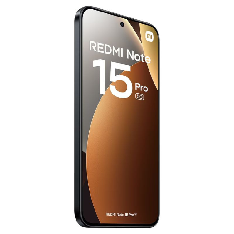 Smartphone Xiaomi Redmi Note 15 Pro 5G preto, com ecrã colorido e logotipo Xiaomi.