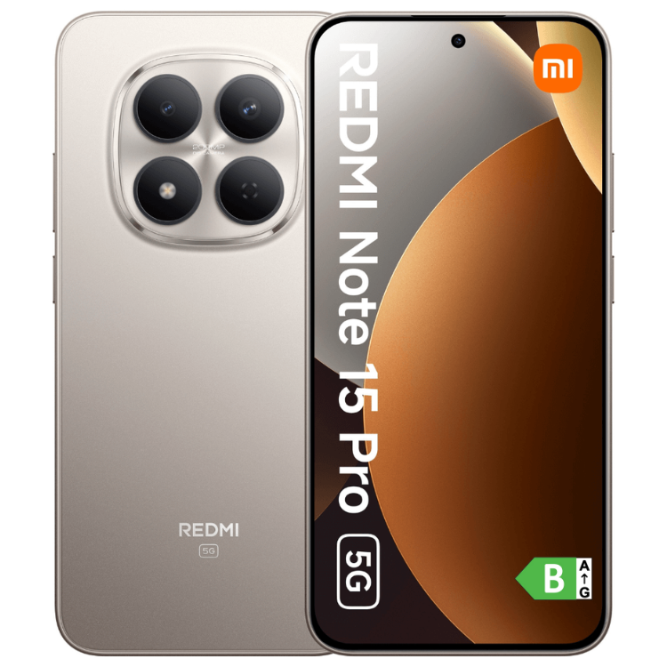 Smartphone Xiaomi Redmi Note 15 Pro 5G, cor Titânio, com quatro câmeras na parte traseira e ecrã colorido.