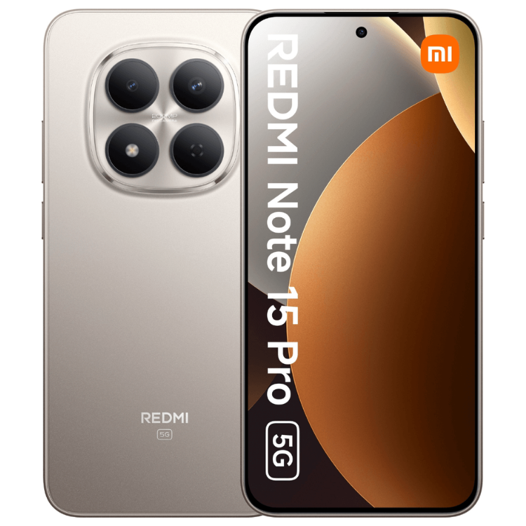 Smartphone Xiaomi Redmi Note 15 Pro 5G prata, câmaras quádruplas e ecrã com logótipo Redmi e 5G.
