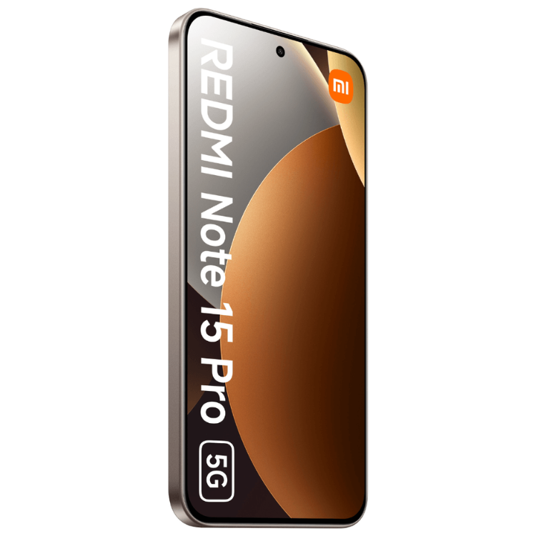 Smartphone Xiaomi Redmi Note 15 Pro 5G, cor Titânio, com logotipo Xiaomi e especificações na tela.