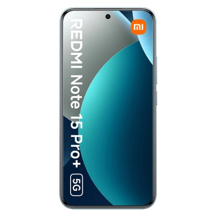 Smartphone Xiaomi Redmi Note 15 Pro+ 5G, azul, 8GB/256GB, logotipo Xiaomi e detalhes do produto na tela.