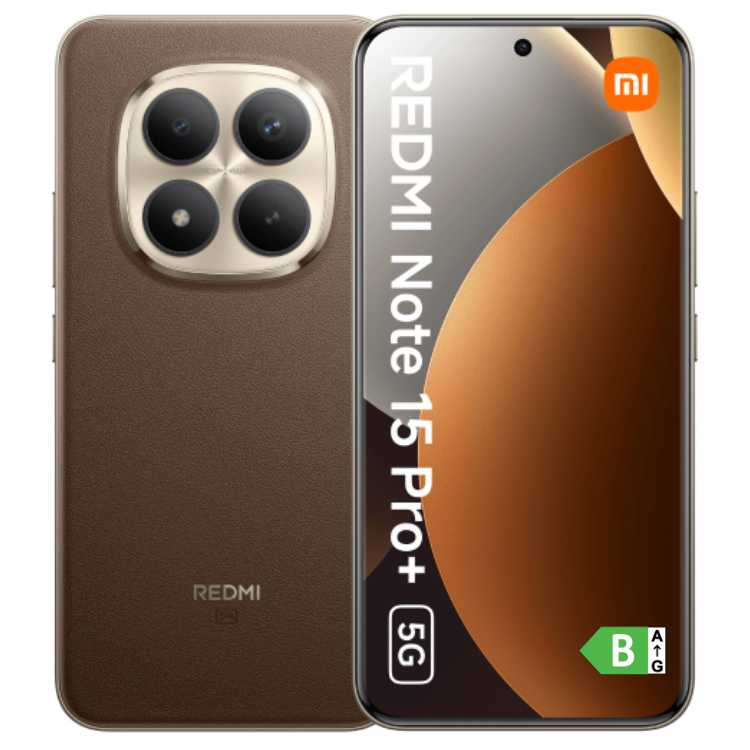 Smartphone Xiaomi Redmi Note 15 Pro+ 5G, castanho, câmaras quádruplas, ecrã ligado.