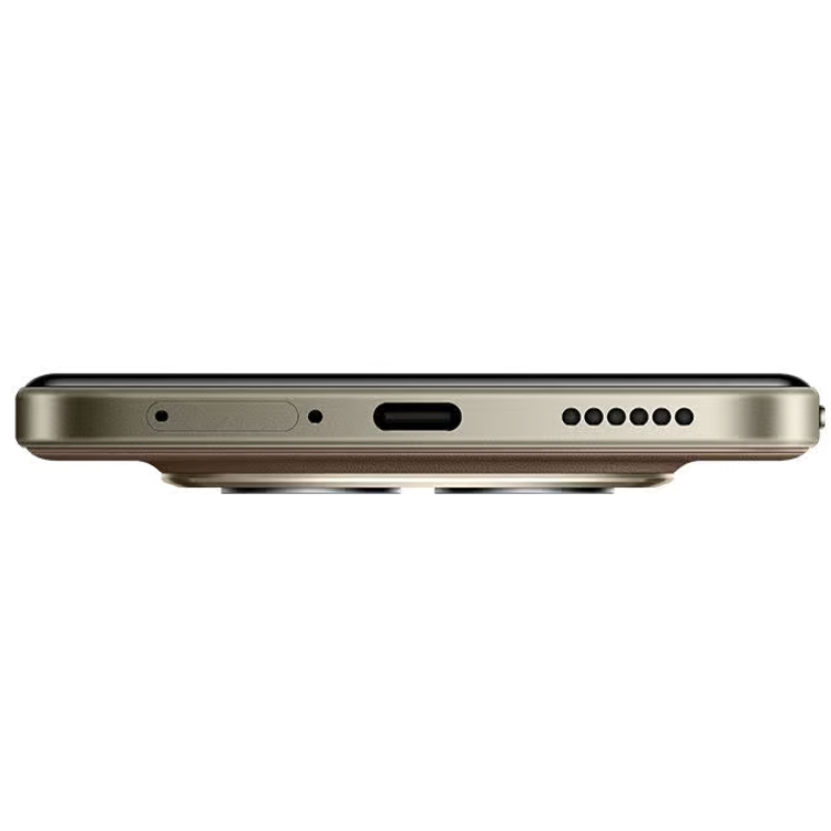 Smartphone Xiaomi Redmi Note 15 Pro+ 5G, castanho, lado inferior com várias entradas.