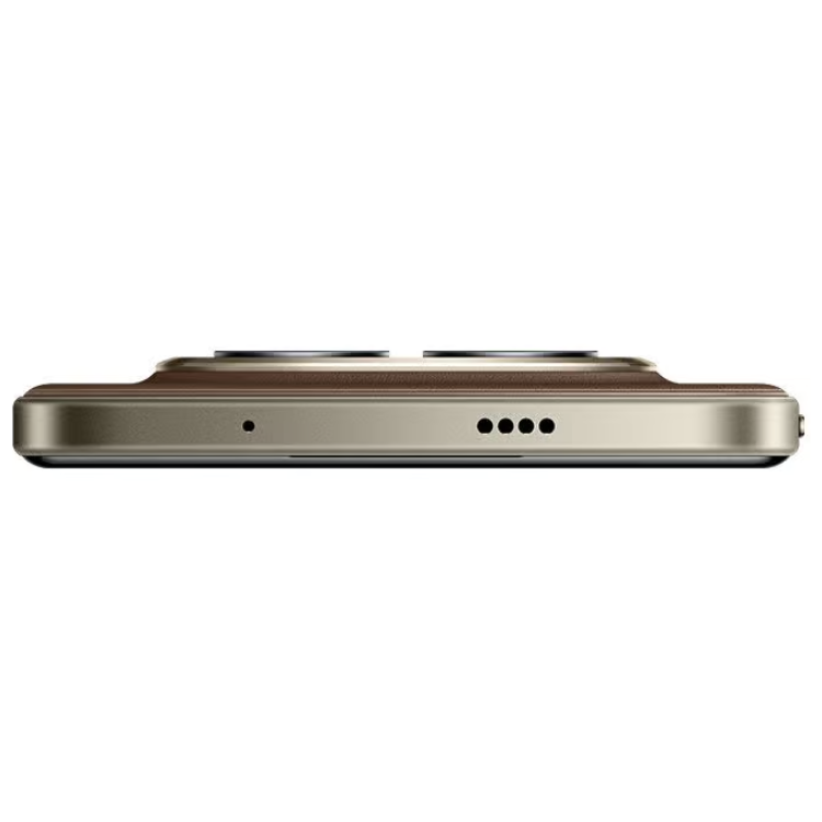 Smartphone Xiaomi Redmi Note 15 Pro+ 5G, castanho, lado direito com câmaras e quatro furos para som.