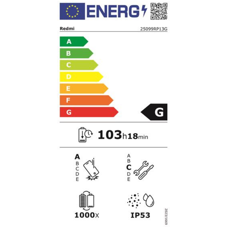 Etiqueta energética do tablet Redmi, eficiência G, 103h18min de bateria, resistência IP53.