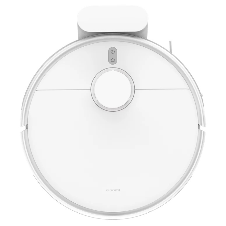 White Xiaomi robot vacuum cleaner with gray buttons and charging dock.