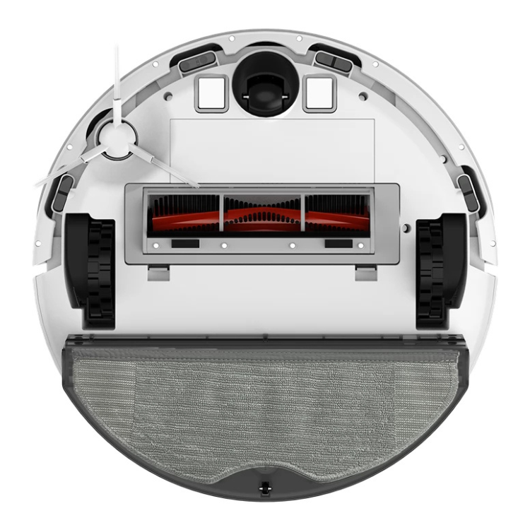 Xiaomi S40C robot vacuum cleaner, white, underside view showing red brushes and gray filter.