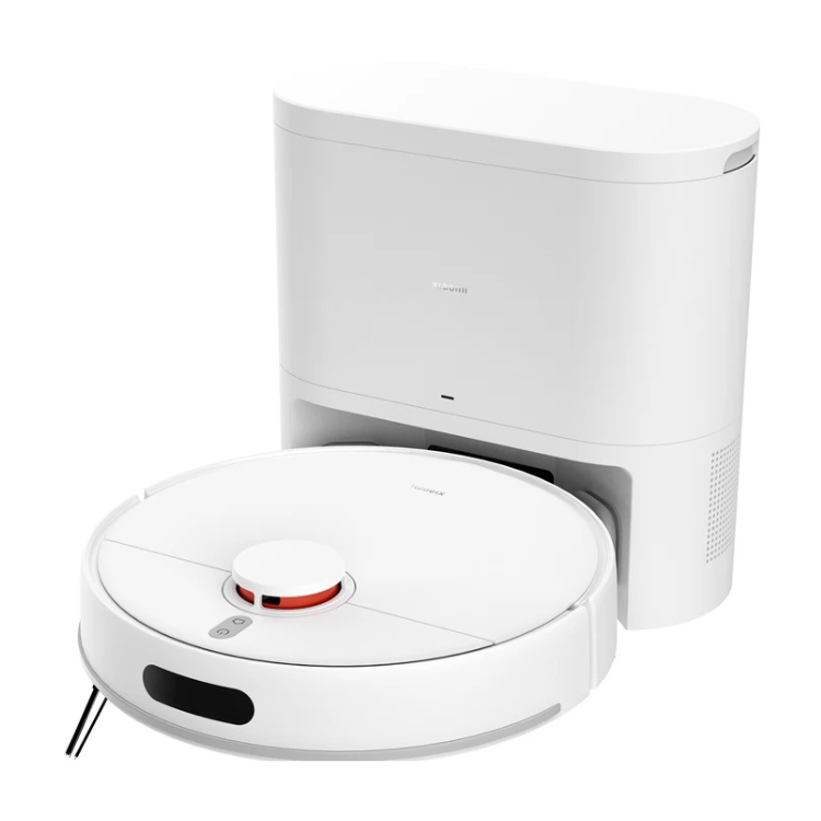 White Xiaomi H40 robot vacuum with charging dock, red accent on button.