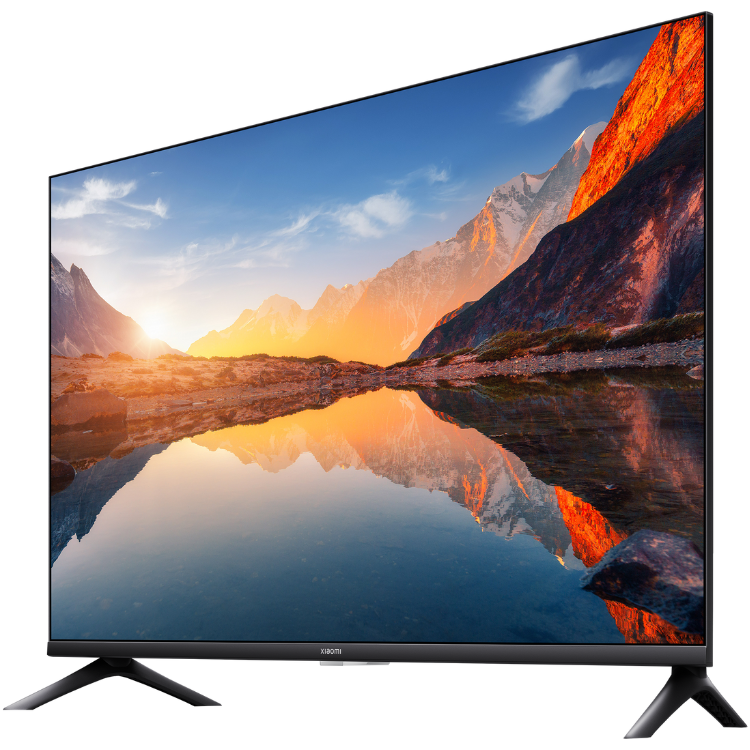 Televisão Xiaomi A 2025 Smart TV HD LED 32" preta com imagem de montanhas e lago ao pôr do sol.